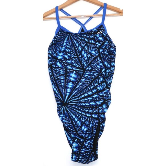TYR Womens Blue & Black Spider Web One Piece Swimsuit Size 36 Summer Stretch - Picture 1 of 11